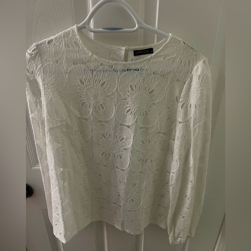 Lace Floral Ofeefan Long-Sleeve Top - White Size Small Cotton/Nylon Blend